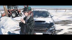  absurdres animal_ears artist_name asama_(drift_in) bangs baseball black_jacket car closed_mouth day ears_through_headwear female fence ground_vehicle highres horse_ears horse_girl horse_tail jacket letterboxed long_hair long_sleeves looking_at_viewer mejiro_dober_(umamusume) motor_vehicle mountainous_horizon open_clothes open_jacket outdoors own_hands_together pants ponytail purple_eyes snow solo standing subaru_(brand) subaru_wrx tail tractor umamusume upper_body vehicle_request watermark 