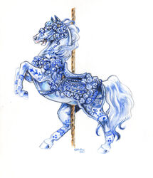  2021 ambiguous_gender amusement_ride blue_body blue_hair bridle carousel carousel_horse carousel_pole delft equid equine feral flower hair halter heather_bruton horse mammal on_hind_legs open_mouth plant saddle simple_background solo tassels white_background white_body white_hair 