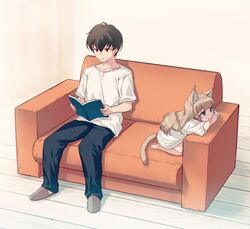  1boy 40hara animal_collar animal_ear_fluff animal_ears aqua_eyes black_hair blonde_hair blunt_bangs book cat_ears cat_girl cat_tail collar couch female indoors kinako_(40hara) kneeling long_hair open_book original reading red_collar shirt sitting slippers t-shirt tail tsukioka_(40hara) white_shirt wooden_floor 