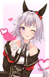  animal_ears bare_shoulders black_coat blush closed_mouth coat collared_shirt curren_chan_(umamusume) female gloves grey_hair hair_intakes hairband hand_up heart highres horse_ears horse_girl horse_tail long_sleeves looking_at_viewer medium_hair off-shoulder_coat off_shoulder one_eye_closed purple_eyes shirt sleeveless sleeveless_shirt solo tail tiara_(871220) tongue tongue_out umamusume upper_body white_gloves 