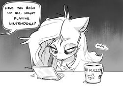  beverage bunchedupletters clothed clothing container cup dialogue electronics english_text equid equine female fluttershy_(mlp) friendship_is_magic game_console hair hasbro hi_res mammal messy_hair monochrome my_little_pony nintendo nintendo_ds nintendo_ds_family solo text tired 