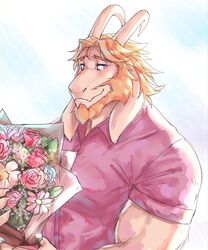  5:6 absurd_res anthro asgore_dreemurr beard blonde_hair blue_eyes boss_monster_(undertale) bouquet bovid caprine clothed clothing facial_hair flower fur ghangaji hair hi_res holding_bouquet holding_flower holding_object horn male mammal mature_anthro mature_male pink_clothing pink_shirt pink_topwear plant shirt solo topwear undertale undertale_(series) white_body white_fur 