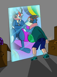  3:4 abstract_background ambiguous_gender animate_inanimate anthro ash-greninja blue_body box clothing container detailed_background duo footwear generation_6_pokemon greninja hexatoy hi_res humanoid inflatable inflatable_transformation living_inflatable mirror nintendo nozzle pokemon pokemon_(species) portal shoes transformation whiteknightdragonite 