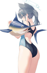  absurdres angdo_(kakajo26) animal_ear_fluff animal_ears ass black_one-piece_swimsuit blue_archive blue_eyes breasts competition_swimsuit cross_hair_ornament extra_ears female fish from_behind grey_hair hair_ornament halo highres holding looking_at_viewer low_ponytail medium_breasts medium_hair mismatched_pupils multicolored_clothes multicolored_swimsuit official_alternate_costume one-piece_swimsuit racerback shiroko_(blue_archive) shiroko_(swimsuit)_(blue_archive) simple_background solo swimsuit swordfish white_background wolf_ears 