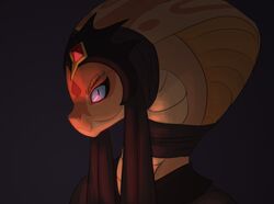  2015 apode belly_scales black_background blue_eyes bust_portrait carniscorner clothed clothing draconcopode eyebrows facial_scales female legless looking_at_viewer markings naga orange_body orange_scales portrait reptile sarissa_(siansaar) scale_eyebrows scales scalie serpentine simple_background snake snake_hood snout solo viper_(x-com) x-com 