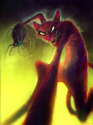  anthro arachnid arthropod cartoon_network cinemamind courage_the_cowardly_dog domestic_cat fangs felid feline felis fur green_sclera hi_res katz&#039;_spiders katz_(courage_the_cowardly_dog) male mammal open_mouth red_body red_eyes red_fur smile spider teeth 