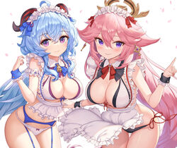  2girls ahoge apron bell bikini black_bikini black_panties blue_hair bow bow_panties breasts cleavage closed_mouth commentary_request earrings ganyu_(genshin_impact) genshin_impact goat_horns hamahama highres horns jewelry large_breasts long_hair looking_at_viewer maid maid_apron maid_headdress multiple_girls neck_bell panties pink_hair purple_eyes revealing_clothes side-tie_panties smile string_panties swimsuit underwear white_apron white_panties yae_miko 