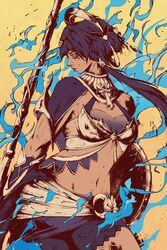  akramness ankh black_hair bracelet candace_(genshin_impact) cowboy_shot crescent crescent_hair_ornament egyptian egyptian_clothes eye_of_horus female genshin_impact gold_bracelet hair_ornament highres holding holding_weapon jewelry looking_to_the_side navel nose_piercing piercing ponytail serious simple_background single_bare_shoulder solo standing tan usekh_collar weapon yellow_eyes 