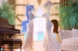  2021 3d_(artwork) anthro armwear beach blender_(artwork) breasts bride clothing daughter_(lore) digital_media_(artwork) dress duo ear_piercing elbow_gloves equid equine eye_contact fan_character female footwear furniture gloves grand_piano hand_holding handwear hasbro hi_res high_heels horn incest_(lore) jewelry looking_at_another lovebrew_(oc) mammal mother_(lore) mother_and_child_(lore) mother_and_daughter_(lore) my_little_pony mythological_creature mythological_equine mythology necklace parent_(lore) parent_and_child_(lore) parent_and_daughter_(lore) pearbottom_(oc) piercing rinny sea seaside shoes smile sofa unicorn veil water wedding wedding_dress window 