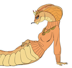  2015 apode belly_scales blue_eyes breasts carniscorner clothing crown draconcopode eyebrows facial_scales female forked_tongue headgear legless looking_at_viewer markings naga non-mammal_breasts orange_body orange_scales pose reptile sarissa_(siansaar) scale_eyebrows scales scalie serpentine snake snake_hood solo sweater tiara tongue tongue_out topwear viper_(x-com) x-com 