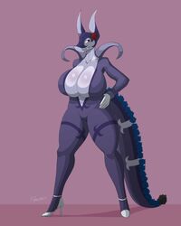  4:5 absurd_res alternate_species ankle_strap_heels anthro anthrofied big_breasts breasts cleavage clothed clothing cutout_heels dragon fangs female footwear freepancakes generation_5_pokemon hand_on_hip hi_res high_heels huge_breasts hybrid mythological_creature mythological_scalie mythology nintendo pokemon pokemon_(species) pokemorph pumps scalie serperior solo tail teeth white_clothing white_footwear white_high_heels 