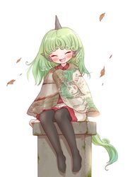  ^_^ aqua_hair arinu autumn_leaves blush capelet character_print closed_eyes collared_shirt commentary_request curly_hair earrings female green_tail happy horns jewelry komainu komainu_ears komainu_tail komano_aunn long_hair long_sleeves no_shoes open_mouth pantyhose red_shirt self_character_print shirt shorts simple_background single_earring single_horn sitting solo touhou white_background white_shorts 