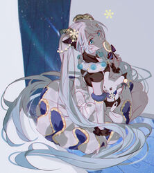  aqua_eyes blue_bow borrowed_design bow bowtie commentary detached_sleeves dress female frilled_dress frills from_above from_behind hair_ornament hair_ribbon hatsune_miku head_tilt highres hitokoto holding holding_wand light_smile long_hair looking_at_viewer looking_back rabbit rabbit_yukine ribbon sitting snowflake_print snowflakes string_of_light_bulbs twintails very_long_hair vocaloid wand white_dress white_hair white_sleeves yuki_miku yuki_miku_(2021)_(candidate_no.5) 