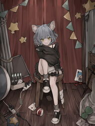  animal_ears apple arm_on_knee ball bare_legs black_shirt black_skirt card cat_ears cat_girl cat_tail child&#039;s_drawing closed_mouth commentary envelope extension_cord female food frilled_skirt frills fruit full_body glass_bottle green_apple grey_hair grey_nails highres indoors knee_up long_sleeves looking_at_viewer manuka_x_x miniskirt nina_(valis) pennant playing_card power_strip puffy_long_sleeves puffy_sleeves scepter shirt shoes short_hair sinsekai_studio sitting skirt sleeves_past_wrists smile sneakers soda_bottle solo stage_curtains string_of_flags tail tape valis_(sinsekai) wavy_hair wooden_floor yellow_eyes 