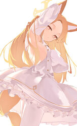  animal_ears bare_shoulders blonde_hair blue_archive breasts closed_mouth cowboy_shot detached_sleeves dress female fox_ears frilled_dress frills halo highres long_hair looking_at_viewer pantyhose pop88715091pop seia_(blue_archive) simple_background small_breasts solo white_background white_dress white_pantyhose white_sleeves yellow_eyes yellow_halo 