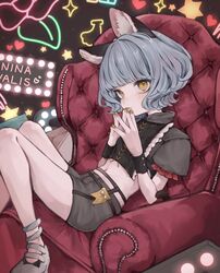  animal_ears ankle_strap armchair black_shirt blunt_bangs cat_ears cat_girl cat_tail chair character_name closed_mouth commentary cropped_shirt female foot_out_of_frame from_side garter_belt grey_footwear grey_hair grey_shorts group_name highres knees_up light_blush looking_at_viewer looking_to_the_side manuka_x_x midriff navel neon_sign nina_(valis) own_hands_together puffy_short_sleeves puffy_sleeves shirt shoes short_hair short_shorts short_sleeves shorts sinsekai_studio sitting solo steepled_fingers tail valis_(sinsekai) wavy_hair yellow_eyes 