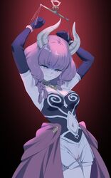  armpits arms_up aura_(sousou_no_frieren) aura_bullying_(meme) bad_id bad_twitter_id bare_shoulders blue_eyes braid breasts closed_mouth clothing_cutout commentary_request demon_girl demon_horns elbow_gloves female gloves gradient_background highres horns large_breasts medium_hair meme navel navel_cutout purple_gloves purple_hair red_background restrained simple_background solo sousou_no_frieren yd_(orange_maru) 