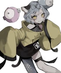  alternate_hair_color animal_ears bare_shoulders bow-shaped_hair cat_ears cat_girl cat_tail coat colored_tips commentary_request cosplay earclip feet_out_of_frame female grey_hair grey_pantyhose grin halter_shirt halterneck highres iono_(pokemon) iono_(pokemon)_(cosplay) leaning_forward looking_at_viewer manuka_x_x multicolored_hair nina_(valis) pantyhose pink_hair pokemon pokemon_sv shirt short_hair simple_background single_leg_pantyhose sinsekai_studio sleeveless sleeveless_shirt sleeves_past_fingers sleeves_past_wrists smile solo tail thigh_strap v-shaped_eyebrows valis_(sinsekai) very_long_sleeves wavy_hair white_background yellow_coat yellow_eyes 