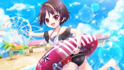  :d bandou_mikuru beach bikini black_bikini_bottom black_bracelet blonde_hair blue_sky breasts brown_hair building chains cleavage cloud coconut_tree collarbone day dot_nose dutch_angle female ferris_wheel film_grain from_side game_cg hair_ornament hairclip innertube izumi_tsubasu lens_flare looking_at_viewer mismatched_bikini multicolored_hair non-circular_lens_flare non-web_source official_art open_mouth outdoors palm_tree pointing re:stage! red_eyes roller_coaster running side-tie_bikini_bottom sky small_breasts smile solo sparkle star_(symbol) streaked_hair striped_innertube swim_ring swimsuit tree water_drop white_bikini 