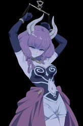  armpits arms_up aura_(sousou_no_frieren) aura_bullying_(meme) bare_shoulders black_background blue_eyes blush braid breasts closed_mouth clothing_cutout commentary demon_girl demon_horns elbow_gloves female gloves highres horns large_breasts medium_hair meme navel navel_cutout purple_gloves purple_hair restrained revision simple_background solo sousou_no_frieren yd_(orange_maru) 