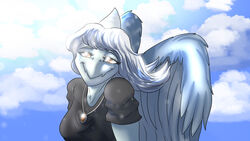  16:9 4k absurd_res amber_(gem) amber_(material) amber_eyes anthro big_wings black_clothing black_shirt black_topwear blue_body blue_scales bone_frill breasts clothing cloud colored countershading extinct fang_(gvh) feathered_wings feathers female frill_(anatomy) front_facing fuegosonic93 goodbye_volcano_high grey_body grey_feathers hair head_crest head_frill hi_res jewelry long_hair looking_at_viewer necklace outside pendant prehistoric_species pterodactylus pterosaur pupils reptile scales scalie shirt silver_hair sky slit_pupils smile smiling_at_viewer solo striped_frill topwear widescreen wings 