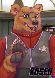  anthro badge bear black_nose brown_bear brown_body brown_fur ero_jasper_(artist) fur green_eyes hi_res kodiak_bear mammal open_mouth paws star_trek star_trek_the_next_generation teeth ursine 