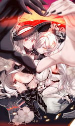  5girls abyssal_ship aircraft_carrier_oni aircraft_carrier_summer_oni bad_perspective black_hat black_nails blue_eyes boots braid breasts commentary_request foreshortening french_battleship_princess gauntlets glasses hair_over_one_eye hair_scarf hat headphones heart heart_hands heart_hands_duo heavy_cruiser_princess heavy_cruiser_summer_princess highres horns huge_breasts kantai_collection long_hair multiple_girls nail_polish red_eyes seaport_summer_princess shimetta_seiya short_hair single_braid supply_depot_princess supply_depot_summer_princess thigh_boots thighhighs white_hair white_legwear 