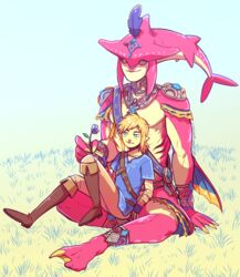  armor bad_metadata blush breath_of_the_wild clothed clothing digital_media_(artwork) duo fish flower hair hi_res humanoid hylian link male male/male mammal marine missing_sample nintendo outside plant prince_sidon shark smile the_legend_of_zelda viiperfish zora 