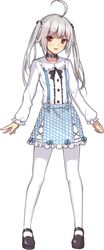  ahoge black_footwear blush casual character_request chinese_commentary collar commentary_request copyright_request female full_body grey_hair highres long_hair looking_at_viewer mary_janes musyne_xsk open_mouth pantyhose parted_lips shoes smile solo standing twintails white_pantyhose 