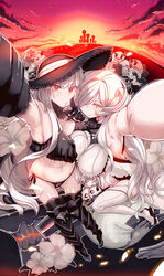  5girls abyssal_ship aircraft_carrier_summer_oni armpits black_hat black_nails blue_eyes breasts commentary_request french_battleship_princess gauntlets glasses hair_over_one_eye hat headphones heavy_cruiser_summer_princess highres horns huge_breasts kantai_collection long_hair multiple_girls nail_polish red_eyes seaport_summer_princess selfie shimetta_seiya short_hair supply_depot_summer_princess thighhighs white_hair white_legwear 