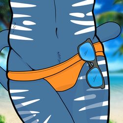  1:1 2015 2017 anthro athletic bad_metadata beach biped blue_body blue_fur blue_sky blurred_background cel_shading close-up clothed clothing collaboration crossed_legs day digital_drawing_(artwork) digital_media_(artwork) eyewear felid fur hooked_eyewear jockstrap male mammal missing_sample outside ruze_(panther) seaside shaded skimpy sky solo standing stripes sunglasses topless underwear white_body white_fur wolfcat95 