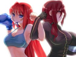  2girls aozaki_aoko aozaki_touko back-to-back bad_id bad_pixiv_id bandaid biker_clothes blue_eyes bodysuit boxing_gloves breasts clenched_hand earrings gloves grin hair_intakes helmet holding holding_helmet jewelry kamehima kara_no_kyoukai large_breasts locked_arms long_hair mahou_tsukai_no_yoru mouth_hold multiple_girls red_eyes red_hair scrunchie siblings single_glove sisters smile sports_bra strap_gap tsukihime unworn_headwear unworn_helmet very_long_hair 