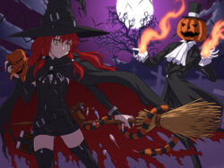  bat_(animal) black_thighhighs book bracelet bridal_gauntlets broom candy cape commentary_request female food halloween hat iga_tomoteru jack-o&#039;-lantern jewelry looking_back mask original pumpkin red_hair snake thighhighs torn_clothes witch witch_hat yellow_eyes 