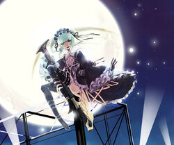  commentary_request female full_moon gothic_lolita gun highres lolita_fashion margaret_moonlight moon night no_more_heroes no_more_heroes_2 photoshop_(medium) rifle scythe sitting sniper_rifle solo thighhighs tokino_hitonatsu weapon white_hair 