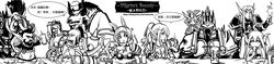  4girls 6+boys ahoge animal_ears armor arthas_menethil barefoot blush_stickers bone breasts chains chibi chicken_(food) chinese_text confused drinking drinking_straw earrings eating elf empty_eyes food frostmourne gender_request greyscale helmet highres horns jewelry kel&#039;thuzad kfc large_breasts lich_king medium_breasts mohawk monochrome multiple_boys multiple_girls nefarian nose_piercing nose_ring orc personification photoshop_(medium) piercing pointy_ears ponytail rabbit_ears rule_63 short_hair skull surprised sweat table tauren_(warcraft) thanksgiving translated troll_(warcraft) tusks twintails warcraft wide_image world_of_warcraft 