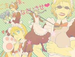  4boys blonde_hair blue_eyes broom brown_hair commentary_request crossdressing duster earrings feather_duster glasses grey_eyes grey_hair hanamura_yousuke jewelry kuma_(persona_4) lipstick maid makeup male_focus male_maid michaelovten multiple_boys narukami_yuu otoko_no_ko persona persona_4 tatsumi_kanji 