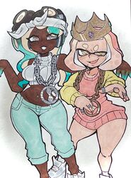    2024 2girls alternate_breast_size big_breasts black_eyelashes breasts colored crop_top crown dark-skinned_female dark_skin digital_drawing_(artwork) duo eyelashes female/female gold_necklace halter_top headband headphones headphones_on_head jewelry light_green_hair long_hair looking_at_viewer marina_(splatoon) midriff multiple_rings necklace open_mouth pearl_(splatoon) pink_sweater ring rings short_hair shortstack splatoon splatoon_(series) splatoon_2 splatoon_2:_octo_expansion splatoon_3 sweater sweater_vest tentacle tentacle_hair thick_thighs tight_pants white_background yuri 