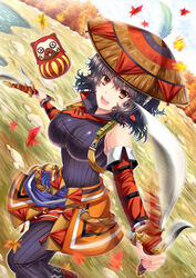  autumn_leaves breasts brown_eyes commentary_request curly_hair daruma_doll dual_wielding dutch_angle feathers female hat highres holding large_breasts long_hair monster_hunter_(character) monster_hunter_(series) photoshop_(medium) riyun_(halodark) short_hair solo sword weapon yukumo_(armor) 