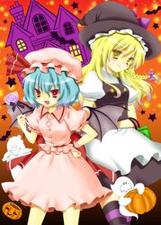  2girls bad_id bad_pixiv_id bat_(animal) bat_wings braid candy food ghost halloween hat jack-o&#039;-lantern kirisame_marisa lollipop momose_rin multiple_girls oerba_yun_fang pumpkin remilia_scarlet shaped_lollipop star_(symbol) striped_clothes striped_thighhighs thighhighs touhou wings witch_hat 