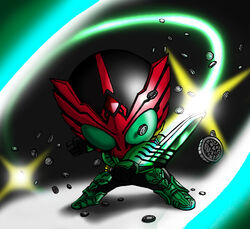  1boy blade chibi commentary_request kamen_rider kamen_rider_ooo kamen_rider_ooo_(series) male_focus medal meta_meta solo 