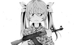  :&lt; ak-47 assault_rifle averting_eyes breast_pocket camouflage camouflage_jacket cleaning_rod closed_mouth collared_jacket commentary_request female finger_on_trigger greyscale gun hair_between_eyes hair_ribbon holding holding_gun holding_weapon jacket kalashnikov_rifle long_hair long_sleeves military_jacket miyauchi_renge monochrome non_non_biyori pocket ribbon rifle simple_background solo tearing_up tears to_(pixiv10683420) twintails undershirt uniform upper_body weapon 