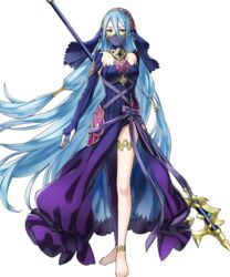  asymmetrical_legwear axe azura_(fire_emblem) azura_(performing_arts)_(fire_emblem) bare_shoulders barefoot battle_axe blue_skirt breasts commentary_request dress elbow_pads female fingerless_gloves fire_emblem fire_emblem_fates fire_emblem_heroes full_body gloves highres holding holding_weapon kaya8 long_hair looking_at_viewer medium_breasts mouth_veil official_alternate_costume official_art pantyhose polearm see-through single_leg_pantyhose skirt solo standing thigh_strap transparent_background turtleneck uneven_legwear veil very_long_hair weapon yellow_eyes 