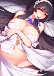  arm_at_side bare_shoulders bed bed_sheet black_hair black_pantyhose blush breast_hold breasts chinese_commentary cleavage commentary_request cowboy_shot detached_collar dutch_angle female girls&#039;_frontline groin hand_on_own_chest head_tilt hime_cut kira_(artist) large_breasts long_hair looking_at_viewer navel no_panties pantyhose solo type_95_(girls&#039;_frontline) yellow_eyes 