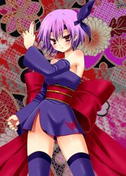  ayane_(doa) bad_id bad_pixiv_id bare_shoulders dead_or_alive detached_sleeves dress elbow_gloves female fingernails gloves headband japanese_clothes kuji-in momose_rin nail_polish obi purple_dress purple_eyes purple_hair purple_headband purple_thighhighs red_eyes sash short_hair solo thighhighs thighs 