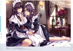  2girls absurdres azur_lane blue_eyes blush bottle bow braid breasts cleavage corset cup curacoa_(azur_lane) curlew_(azur_lane) curtains day dress drinking_glass flower frills hair_between_eyes hairbow highres holding holding_own_hair indoors jewelry juliet_sleeves large_breasts light long_hair long_sleeves maid maid_headdress monety multiple_girls official_art open_mouth puffy_sleeves purple_hair red_flower red_rose rose scan sidelocks single_braid sleeve_cuffs smile translation_request vase window wine_glass 