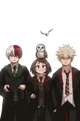  2boys artist_name bakugou_katsuki bird blonde_hair blue_eyes boku_no_hero_academia brown_eyes brown_hair burn_scar cloak echo1069479 female golden_snitch grey_eyes gryffindor harry_potter_(series) heterochromia highres hogwarts_school_uniform holding holding_wand hood hooded_cloak looking_at_viewer multicolored_hair multiple_boys necktie owl red_eyes red_hair scar scar_on_face school_uniform short_hair simple_background slytherin smile spiked_hair split-color_hair standing striped_necktie todoroki_shouto two-tone_hair uraraka_ochako wand white_background white_hair wizarding_world 