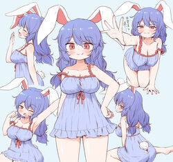  animal_ears arinu barefoot blue_background blue_dress blue_hair blush breasts cleavage closed_mouth collarbone commentary_request dress female fingernails hair_between_eyes highres large_breasts lingerie long_hair multiple_views negligee one_eye_closed open_mouth rabbit_ears rabbit_tail red_eyes seiran_(touhou) simple_background smile tail touhou translation_request underwear yawning 