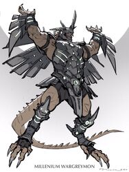  2020 3:4 anthro arm_blades armor bandai_namco biceps casting_spell claws clothed clothing digimon digimon_(species) digital_media_(artwork) futuristic_armor greaves hair headgear helmet hi_res horn horned_helmet male metal_wings muscular muscular_anthro muscular_male open_mouth pecs raised_arms scalie sharp_teeth shoulder_guards simple_background solo spirit_bomb taran_fiddler teeth vambrace wargreymon white_background 