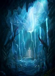  absurdres bad_id bad_pixiv_id blue_theme cave fantasy highres no_humans original planted planted_sword scenery soumura stalactite sword water waterfall weapon 