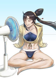  azasuke barefoot bikini black_hair blue_bikini breasts closed_eyes collarbone commentary_request electric_fan eyelashes fate/grand_order fate_(series) feet female full_body grin groin highres indian_style jacket legs long_hair midriff navel side_ponytail sitting sleeves_past_wrists smile solo spread_legs swimsuit ushiwakamaru_(fate) ushiwakamaru_(swimsuit_assassin)_(fate) ushiwakamaru_(swimsuit_assassin)_(first_ascension)_(fate) very_long_hair 